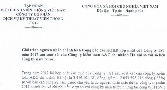 Giải trình NNCL  trong báo cáo KQKD hợp nhất của Công ty TST năm 2017 sau soát xét của Công ty kiểm toán A&C chi nhánh Hà Nội so với số liệu cùng kỳ năm trước