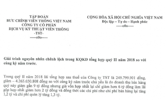 Giải trình NNCL trong kết quả kinh doanh tổng hợp quý 2/2018 so với cùng kỳ năm trước