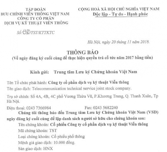 Thông báo về ngày đăng ký cuối cùng để thực hiện quyền trả cổ tức năm 2017 bằng tiền
